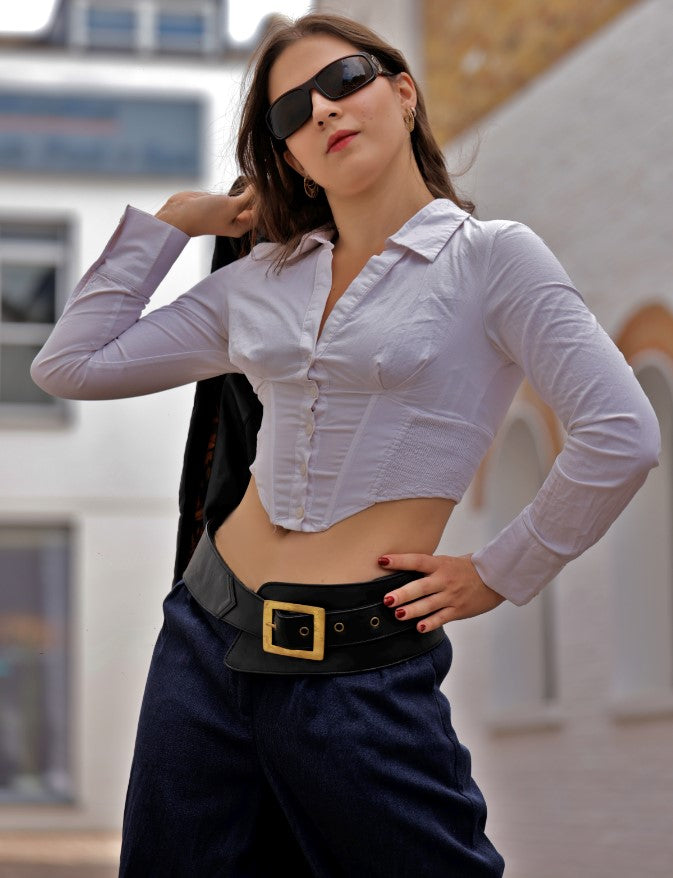 West End Belt in Black Leather with Square Gold Buckle