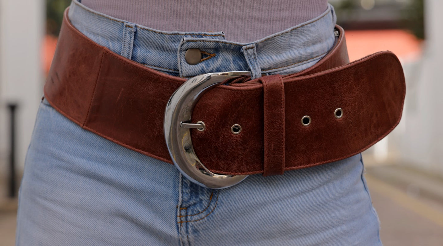 Moon Belt Classic in Brown Antique Leather and Chrome Buckle