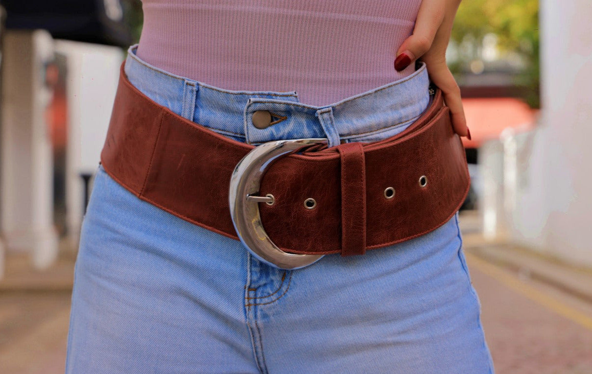 Moon Belt Classic in Brown Antique Leather and Chrome Buckle