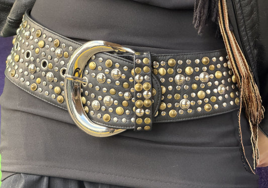 Studded Black Moon Belt with Silver Buckle