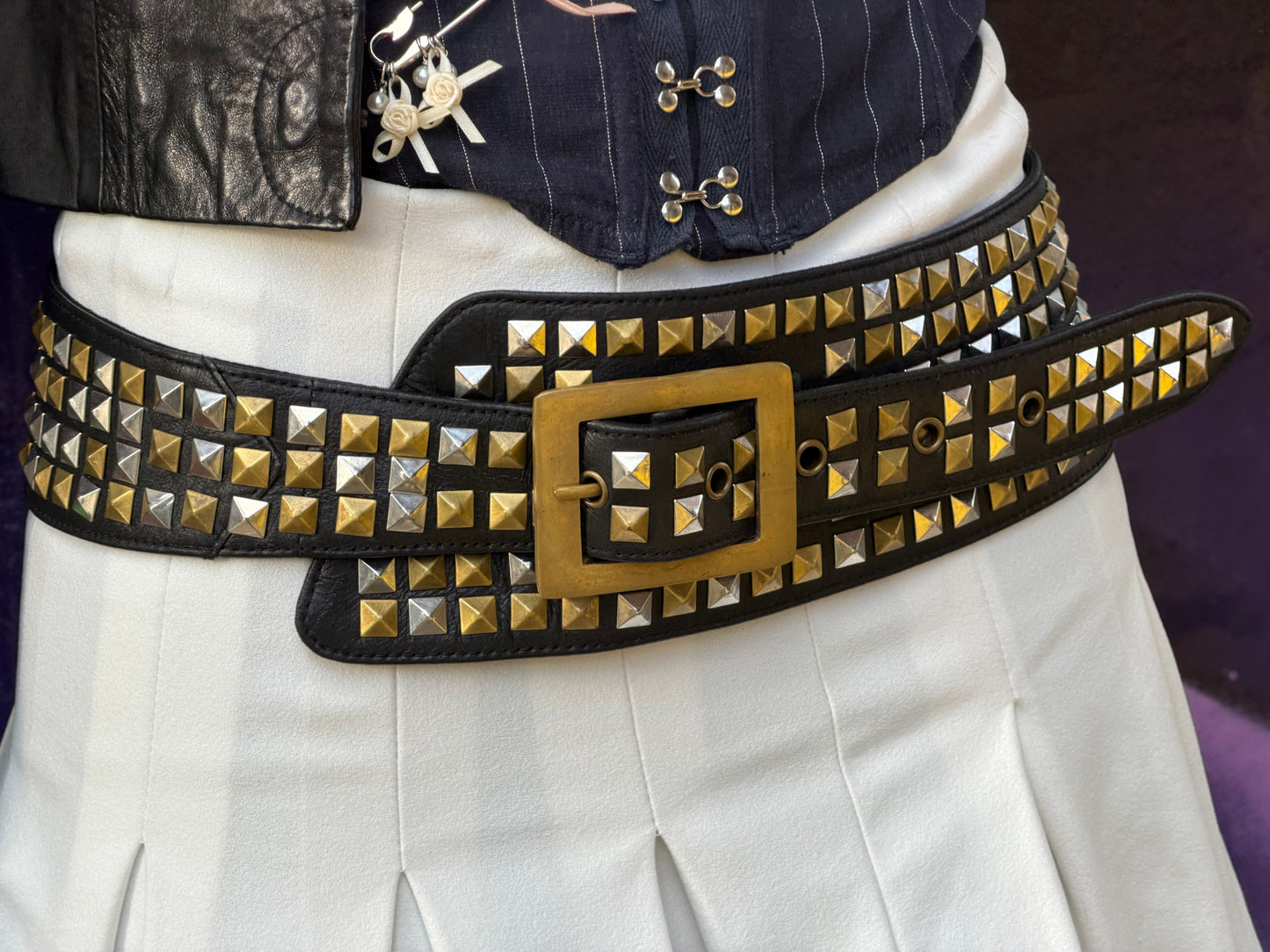 Studded Black West End Belt with Square Gold Buckle