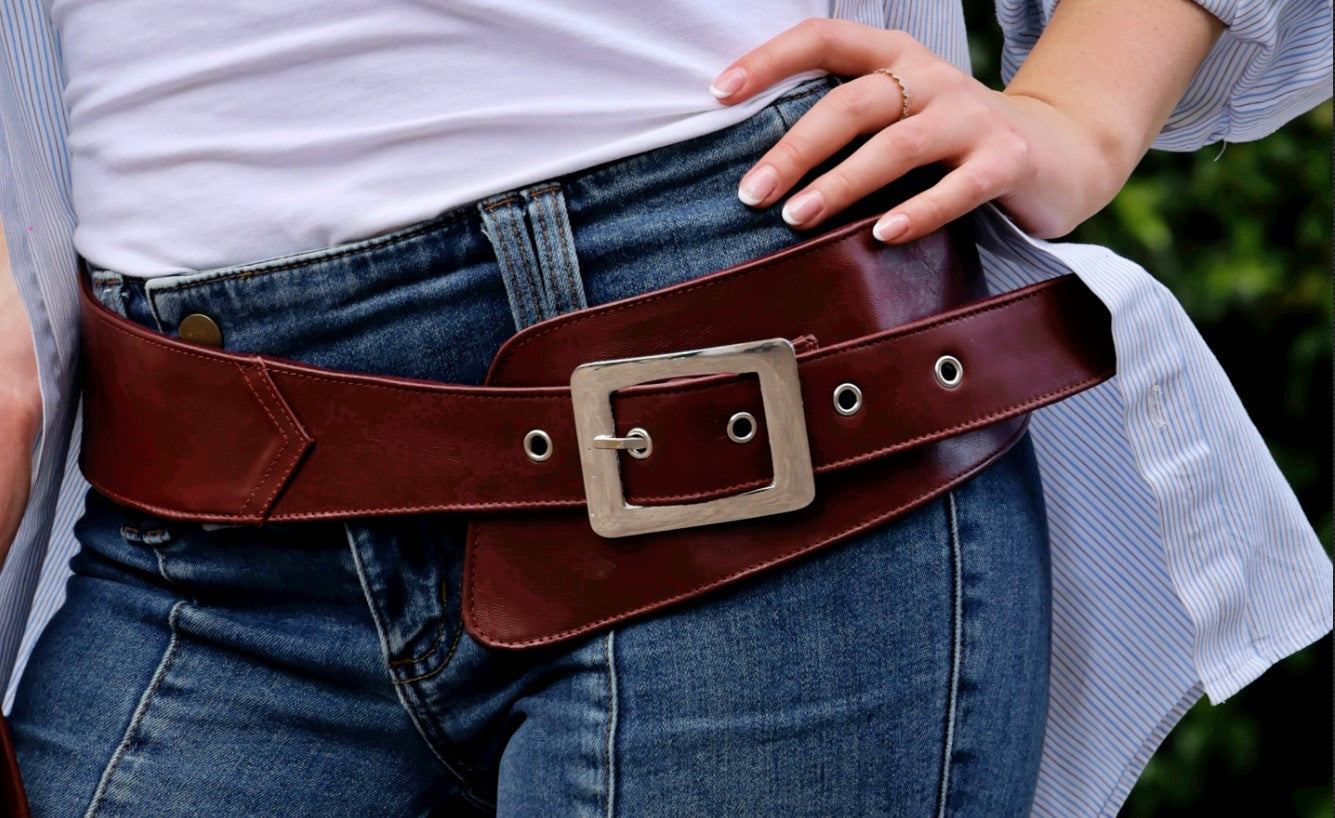 West End Belt in Burgundy Leather with Square Chrome Buckle