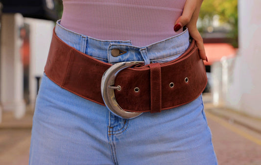Moon Belt Classic in Brown Antique Leather and Chrome Buckle